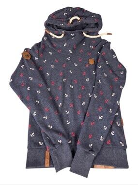 Naketano Hoodie Anchor Print Navy Blue Cowl Neck Chunky Rope Sweatshirt Women S